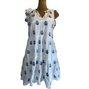 A Loves A Floral Embroidered Tiered Babydoll Mini Dress, Blue & White, Ruffle L